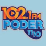 A blue and yellow logo for poder 1 0 2. 1 fm