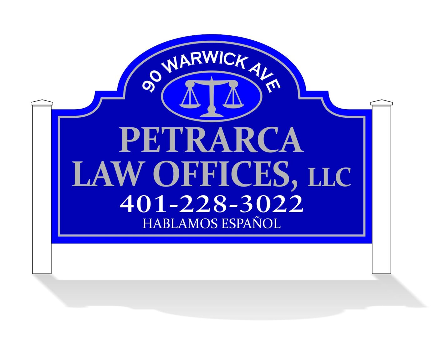 A blue sign that says petarca law offices, llc.